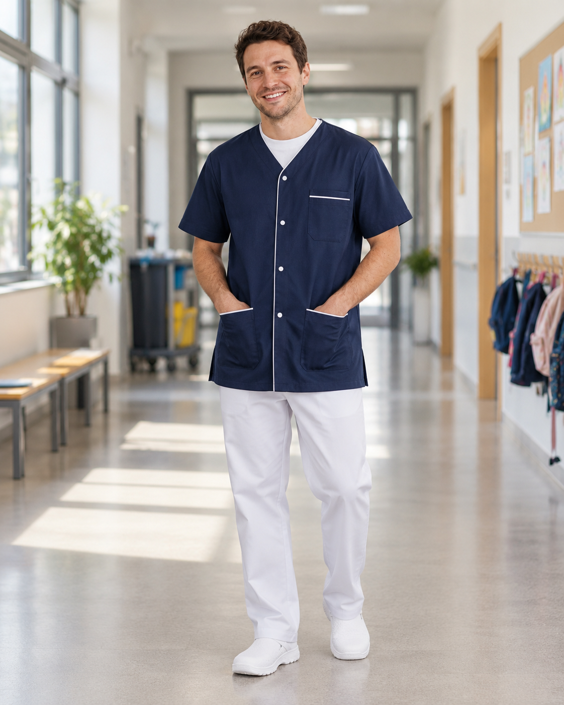 Bata profissional azul-marinho com vivo branco Modelo 03